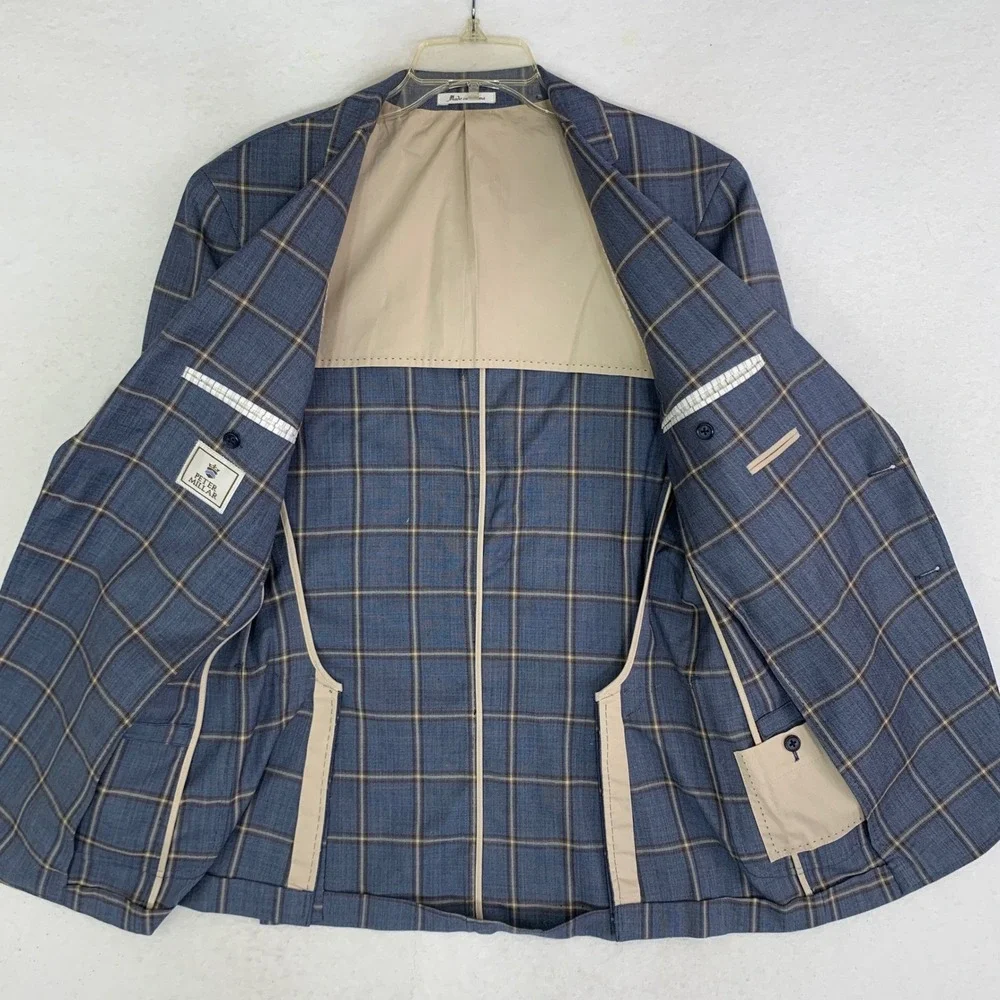 Peter Millar Crown Wool Sport Coat Jacket Men M 42R Blue Windowpane Blazer Plaid